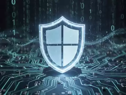 Leuchtendes Schildsymbol auf digitaler Platine mit Binärcode im Hintergrund, symbolisiert Windows-Malware-Schutz. - Foto: über boerse-global.de