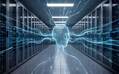 Futuristischer Serverraum mit leuchtend blauen Datenströmen, die KI-Einsatz im Unternehmensumfeld darstellen. - Foto: über boerse-global.de