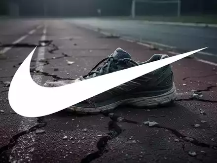 Ein einzelner, abgenutzter Laufschuh auf einer trostlosen, rissigen Laufbahn, in melancholisches Licht getaucht, symbolisiert Rückgang. - Foto: über boerse-global.de