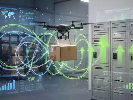 Eine stilisierte Darstellung einer nachhaltigen Logistikkette mit Drohne, Paket und optimierten Routen in Blau, Grün und Weiß. - Foto: über boerse-global.de