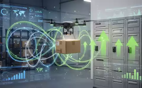 Eine stilisierte Darstellung einer nachhaltigen Logistikkette mit Drohne, Paket und optimierten Routen in Blau, Grün und Weiß. - Foto: über boerse-global.de