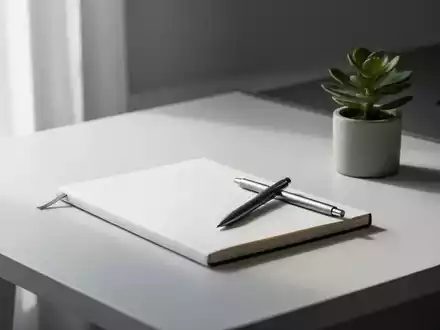 Ein minimalistischer Schreibtisch mit Notizbuch, Stift und kleiner Pflanze, der Einfachheit und Klarheit symbolisiert. - Foto: über boerse-global.de
