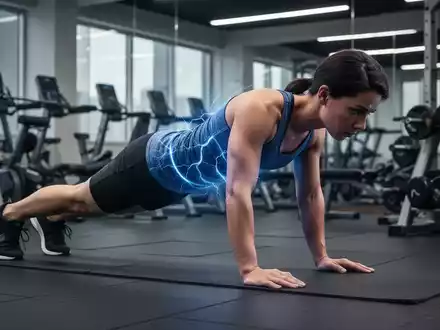 Eine Person macht eine Plank-Übung auf einer Matte, während leichte elektrische Impulse ihren Rumpf umgeben. - Foto: über boerse-global.de