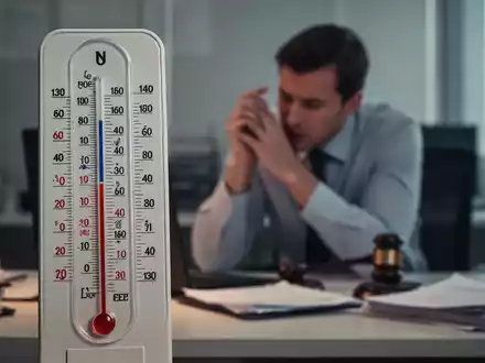Ein Thermometer zeigt eine hohe Temperatur an, mit einem unscharfen Büroangestellten im Hintergrund, der unter der Hitze leidet. - Foto: über boerse-global.de