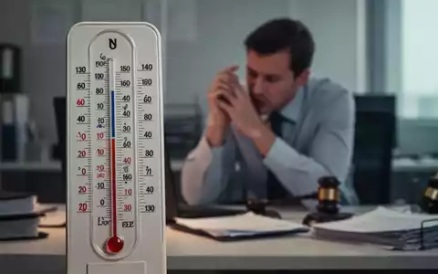 Ein Thermometer zeigt eine hohe Temperatur an, mit einem unscharfen Büroangestellten im Hintergrund, der unter der Hitze leidet. - Foto: über boerse-global.de