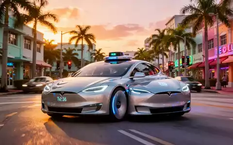 Ein autonomes Tesla-Robotaxi fährt durch eine belebte Straße in Miami bei Sonnenuntergang. - Foto: über boerse-global.de