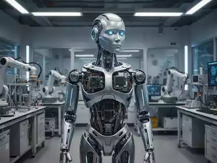 Humanoides Roboterprototyp mit freiliegender Verkabelung und metallischer Oberfläche in modernem, hellem Labor. - Foto: über boerse-global.de