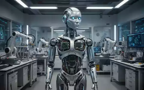 Humanoides Roboterprototyp mit freiliegender Verkabelung und metallischer Oberfläche in modernem, hellem Labor. - Foto: über boerse-global.de
