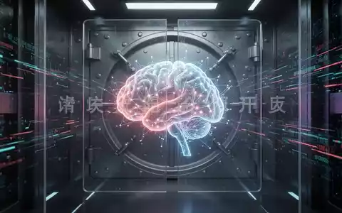Stilisierte, leuchtende neuronale Netz- oder KI-Hirn in einem digitalen Tresor hinter einer durchscheinenden Barriere mit chinesischen Schriftzeichen. - Foto: über boerse-global.de