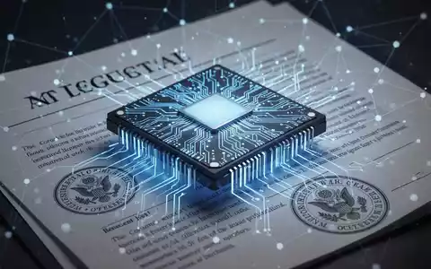 Stilisierter KI-Chip mit leuchtend blauen Schaltkreisen auf einem Gesetzesdokument, Symbol für KI-Regulierung und Sicherheit. - Foto: über boerse-global.de