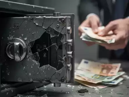 Beschädigte, offene Schließfachtür, im Hintergrund unscharfe Hände zählen Euro-Banknoten. - Foto: über boerse-global.de