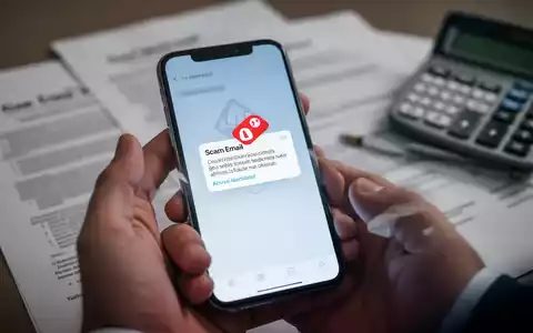 Nahaufnahme einer Hand, die ein Smartphone mit einer Betrugs-E-Mail-Benachrichtigung hält, im Hintergrund verschwommene Rechtsdokumente. - Foto: über boerse-global.de