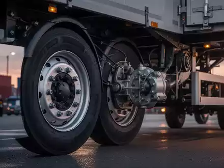 Nahaufnahme eines LKW-Radnabenbereichs und der Aufhängung, mit unscharfem Hintergrund eines Logistikterminals in der Dämmerung. - Foto: über boerse-global.de