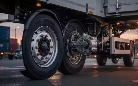 Nahaufnahme eines LKW-Radnabenbereichs und der Aufhängung, mit unscharfem Hintergrund eines Logistikterminals in der Dämmerung. - Foto: über boerse-global.de