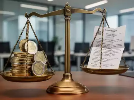 Eine Waage mit Euro-Münzen auf der einen Seite und einem juristischen Dokument auf der anderen, in einem modernen Büroumfeld. - Foto: über boerse-global.de