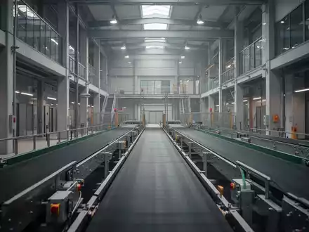 Leere Förderbänder in einer modernen Industrieanlage, die Stillstand und Umstrukturierung im Logistiksektor symbolisieren. - Foto: über boerse-global.de