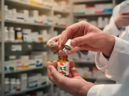 Nahaufnahme der Hände eines Apothekers beim Zählen von Pillen, verschwimmende Apothekenregale im Hintergrund. - Foto: über boerse-global.de