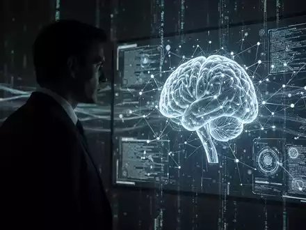 Eine dunkle Silhouette eines Anzugs vor einem leuchtenden, futuristischen KI-Netzwerk auf einem Bildschirm, das digitale Spionage symbolisiert. - Foto: über boerse-global.de