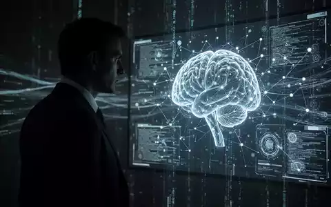 Eine dunkle Silhouette eines Anzugs vor einem leuchtenden, futuristischen KI-Netzwerk auf einem Bildschirm, das digitale Spionage symbolisiert. - Foto: über boerse-global.de