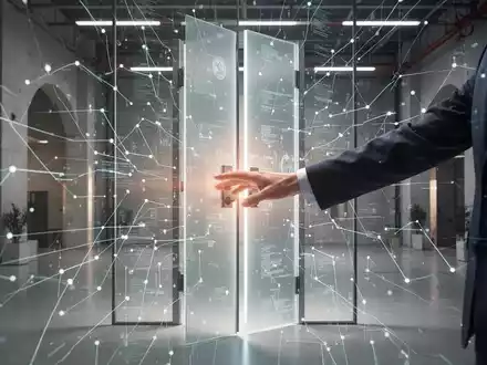 Eine Hand öffnet eine leuchtende digitale Tür, umgeben von Datenlinien in einem modernen Regierungsgebäude. - Foto: über boerse-global.de