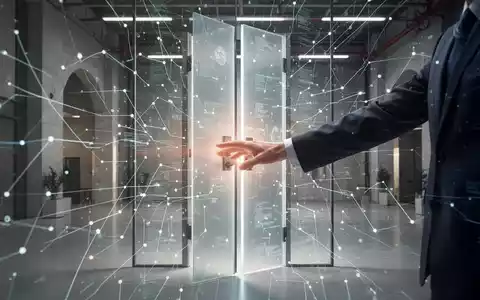 Eine Hand öffnet eine leuchtende digitale Tür, umgeben von Datenlinien in einem modernen Regierungsgebäude. - Foto: über boerse-global.de
