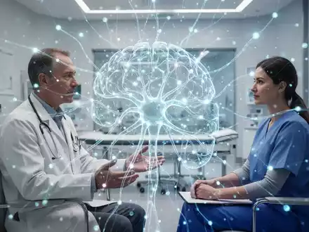 Eine abstrakte Darstellung künstlicher Intelligenz überlagert eine Arzt-Patienten-Interaktion, symbolisierend digitale Gesundheitslösungen. - Foto: über boerse-global.de