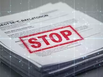 Ein Stapel von Finanzdokumenten oder Förderanträgen mit einem roten 'STOP'-Stempel, der eine Einstellung symbolisiert. - Foto: über boerse-global.de
