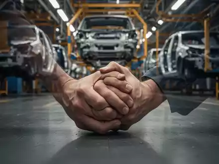 Nahaufnahme der Hände eines besorgten Arbeiters auf einem Fabrikboden, im Hintergrund verschwommen eine Automobilmontagelinie. - Foto: über boerse-global.de