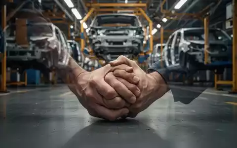 Nahaufnahme der Hände eines besorgten Arbeiters auf einem Fabrikboden, im Hintergrund verschwommen eine Automobilmontagelinie. - Foto: über boerse-global.de