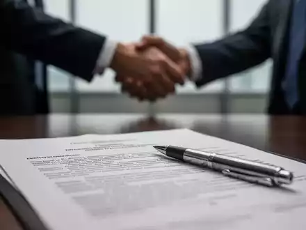 Nahaufnahme eines unscharfen Rechtsdokuments mit einem Stift, im Hintergrund unscharf zwei sich die Hände schüttelnde Geschäftsleute. - Foto: über boerse-global.de