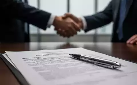 Nahaufnahme eines unscharfen Rechtsdokuments mit einem Stift, im Hintergrund unscharf zwei sich die Hände schüttelnde Geschäftsleute. - Foto: über boerse-global.de