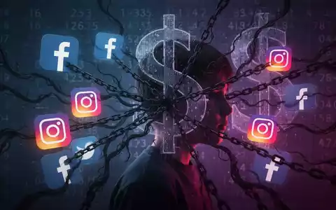 Eine abstrakte Darstellung von sozialen Medien, die eine junge Person fesseln, mit einem großen Dollarzeichen im Hintergrund. Symbolisiert Metas Strafe. - Foto: über boerse-global.de