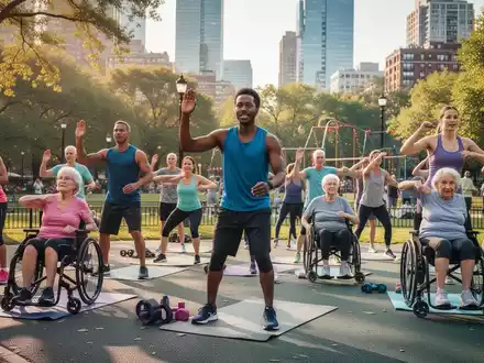 Eine vielfältige Gruppe von Menschen nimmt an einem kostenlosen Fitnesskurs im Freien in einem Stadtpark teil. - Foto: über boerse-global.de