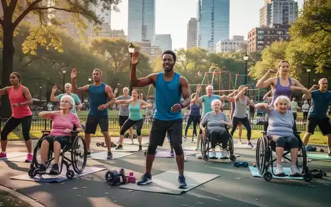 Eine vielfältige Gruppe von Menschen nimmt an einem kostenlosen Fitnesskurs im Freien in einem Stadtpark teil. - Foto: über boerse-global.de