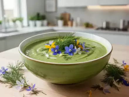 Eine Nahaufnahme einer leuchtend grünen, kalten Gurkensuppe in einer weißen Schale, garniert mit frischem Dill und Blüten. - Foto: über boerse-global.de