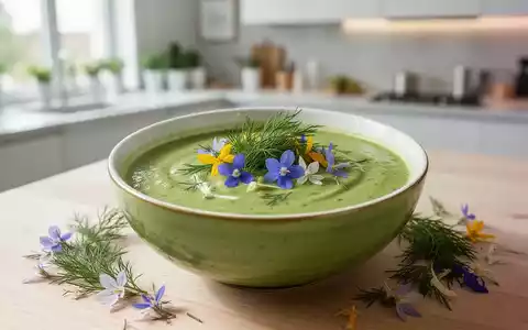 Eine Nahaufnahme einer leuchtend grünen, kalten Gurkensuppe in einer weißen Schale, garniert mit frischem Dill und Blüten. - Foto: über boerse-global.de