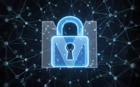 Ein stilisiertes, leuchtend blaues digitales Vorhängeschloss über einem dunklen, abstrakten Hintergrund aus Datenknoten und -linien. - Foto: über boerse-global.de
