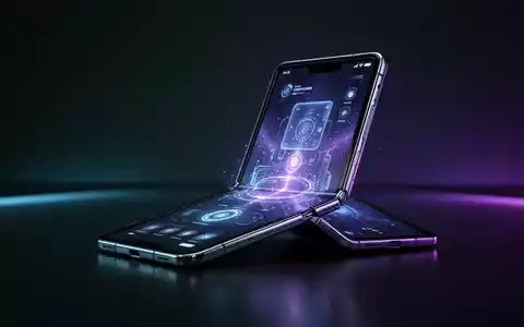 Zukünftiges faltbares Smartphone, halb geöffnet, leuchtender Bildschirm, dunkler Hintergrund mit Ambientebeleuchtung. - Foto: über boerse-global.de