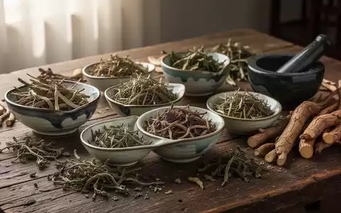 Eine Auswahl an getrockneten Kräutern und Wurzeln der Traditionellen Chinesischen Medizin in Keramikschalen auf einem Holztisch. - Foto: über boerse-global.de