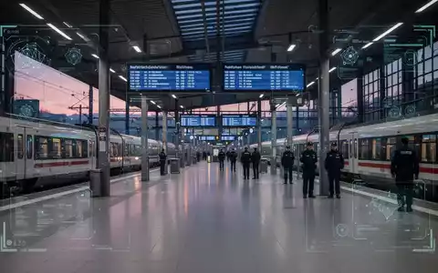Eine belebte Bahnhofshalle in Deutschland bei Dämmerung mit diskreten Sicherheitspersonen und angedeuteter Technologieüberwachung. - Foto: über boerse-global.de