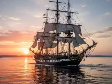 Ein majestätisches, traditionelles Segelschiff bei Sonnenuntergang auf ruhigem Wasser, vor dem Hintergrund einer Küstenlinie. - Foto: über boerse-global.de