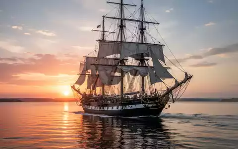 Ein majestätisches, traditionelles Segelschiff bei Sonnenuntergang auf ruhigem Wasser, vor dem Hintergrund einer Küstenlinie. - Foto: über boerse-global.de