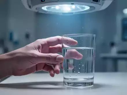 Eine leicht zitternde Hand greift nach einem Glas Wasser, darüber ein sanftes blaues Licht, das auf fortschrittliche Therapie hindeutet. - Foto: über boerse-global.de