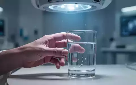 Eine leicht zitternde Hand greift nach einem Glas Wasser, darüber ein sanftes blaues Licht, das auf fortschrittliche Therapie hindeutet. - Foto: über boerse-global.de