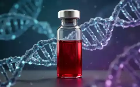 Nahaufnahme eines Reagenzglases mit roter Flüssigkeit, umgeben von verschwommenen, leuchtenden RNA-Strängen und DNA-Helices. - Foto: über boerse-global.de