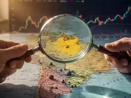 Eine Hand hält eine Lupe über eine Karte von Brasilien, die auf seltene Erden hinweist, mit einem unscharfen Aktienchart im Hintergrund. - Foto: über boerse-global.de