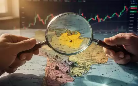 Eine Hand hält eine Lupe über eine Karte von Brasilien, die auf seltene Erden hinweist, mit einem unscharfen Aktienchart im Hintergrund. - Foto: über boerse-global.de