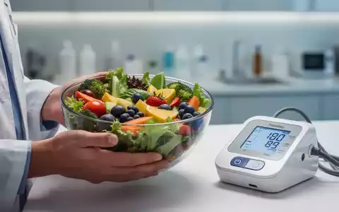Hände halten eine Schale mit frischem Salat, daneben ein Blutdruckmessgerät. Fokus auf gesunde Ernährung und Prävention. - Foto: über boerse-global.de