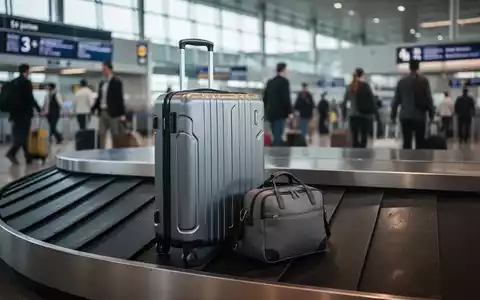 Ein moderner Handgepäckkoffer und eine kleine Tasche auf einem Flughafen-Gepäckband, mit unscharfen Reisenden im Hintergrund. - Foto: über boerse-global.de