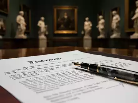 Ein juristisches Dokument, möglicherweise ein Testament, mit einem Füllfederhalter und angedeuteten Kunstwerken im Hintergrund. - Foto: über boerse-global.de